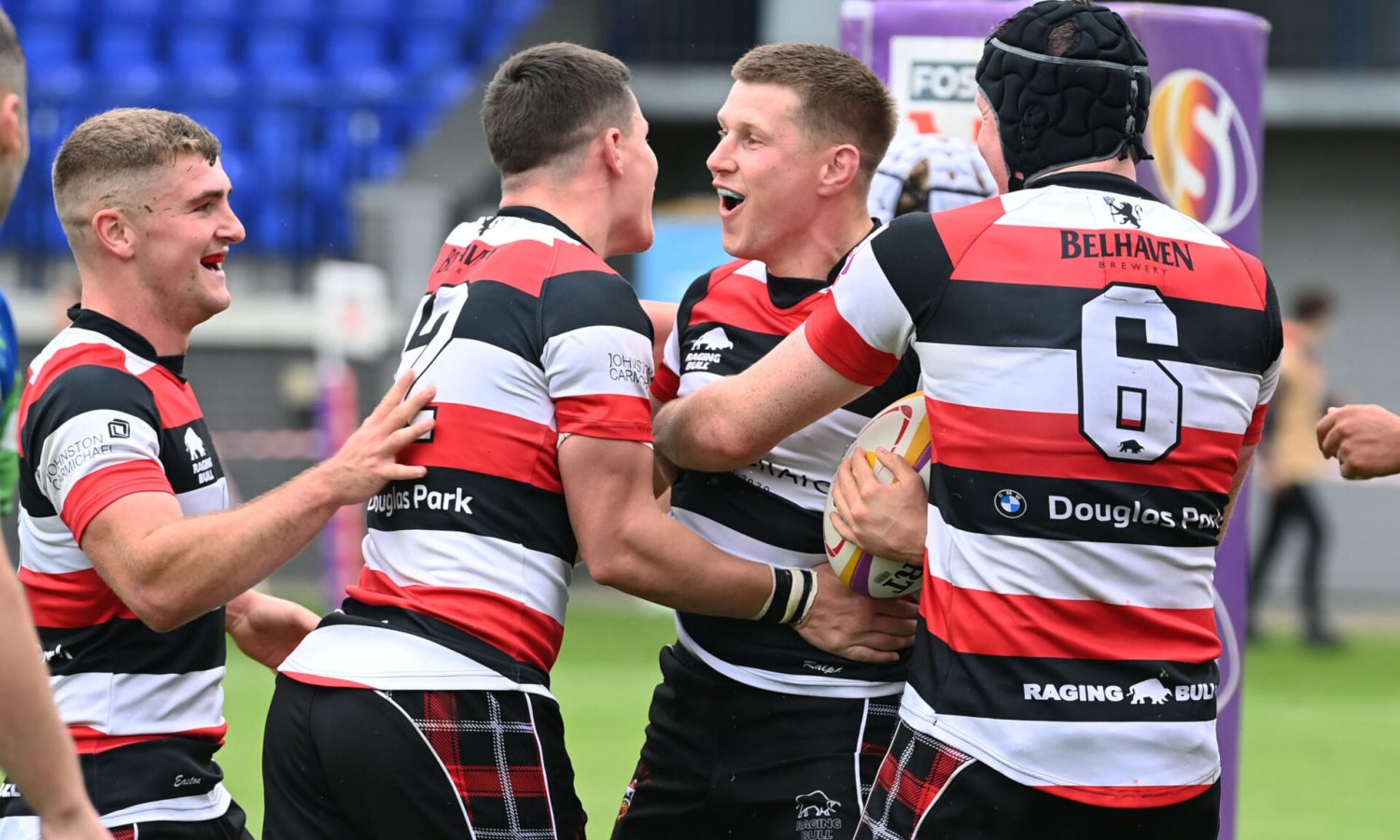 EDINBURGH, SCOTLAND - AUGUST 29: Stirling County's Archie Russell (centre) celebrates his try during a Super 6 match between Boroughmuir Bears and Stirling County at Meggatland, on August 29, 2021, in Edinburgh, Scotland (Photo by Paul Devlin / SNS Group)?